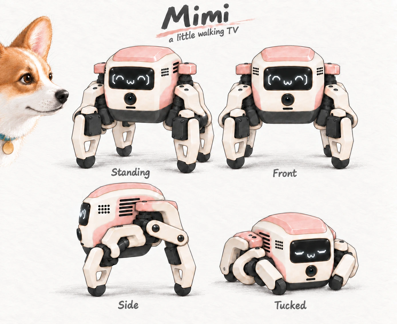 ภาพร่างด้วยดินสอในตาราง 2×2 ขนาดกะทัดรัด แสดง Mimi ตัวเล็กสีครีมและชมพูอ่อนยืนข้างศีรษะที่เห็นบางส่วนของสุนัขเพมโบรกเวลช์คอร์กีโตเต็มวัยเพื่อเปรียบเทียบขนาด พร้อมมุมมองด้านหน้า ด้านข้าง และท่าขดตัวของหุ่นยนต์
