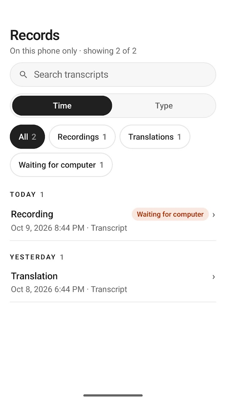 หน้าจอบันทึก Android พร้อมด้วยการค้นหาการถอดเสียงและ ตัวกรองสำหรับการบันทึกและการแปล