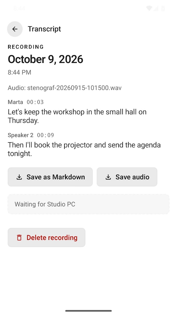 Android การถอดเสียงพร้อมชื่อผู้พูด การประทับเวลา บันทึกเป็น Markdown และบันทึกเสียง