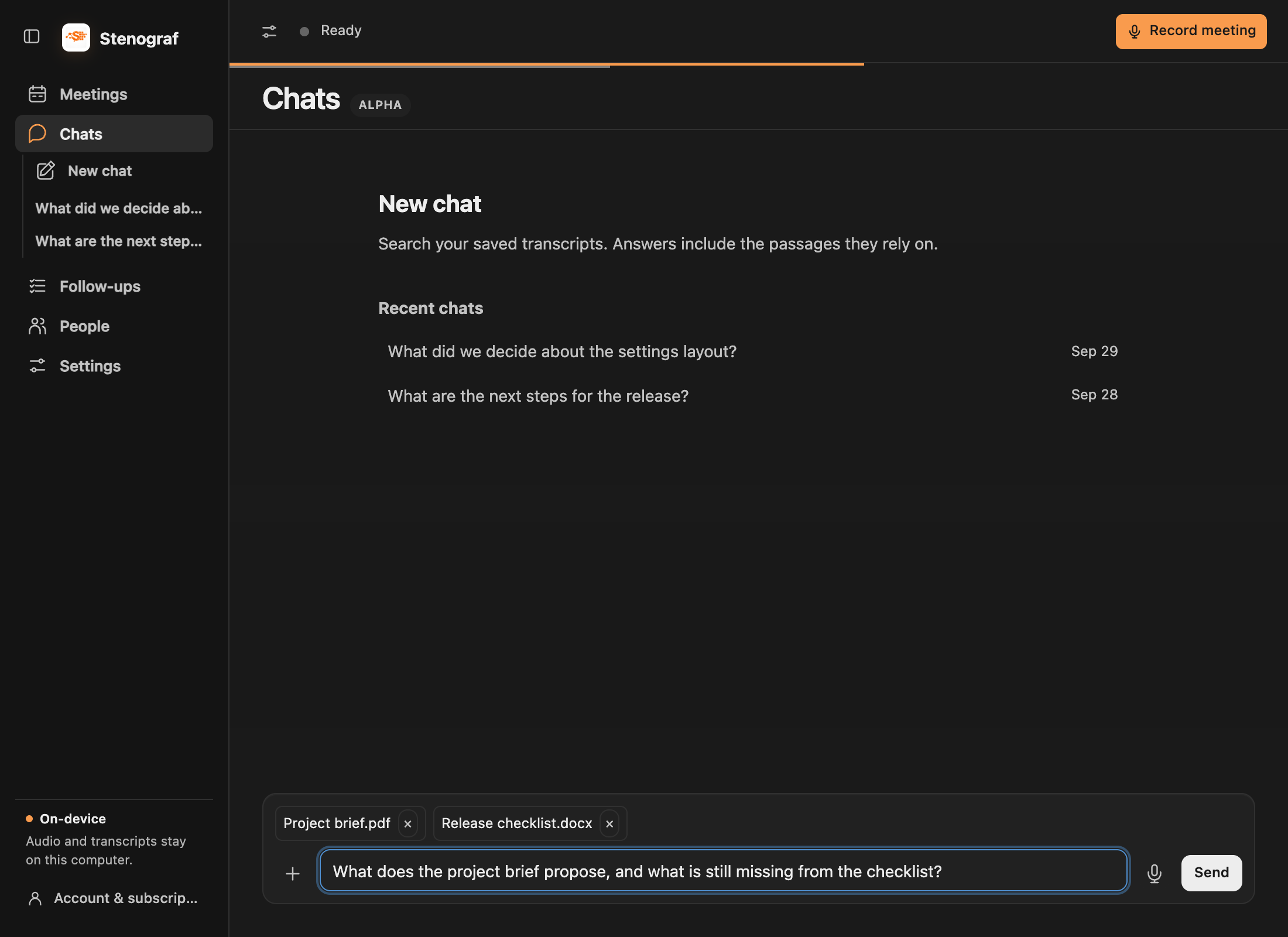 A new chat with a project brief PDF and release checklist Word document attached by name above the question field.