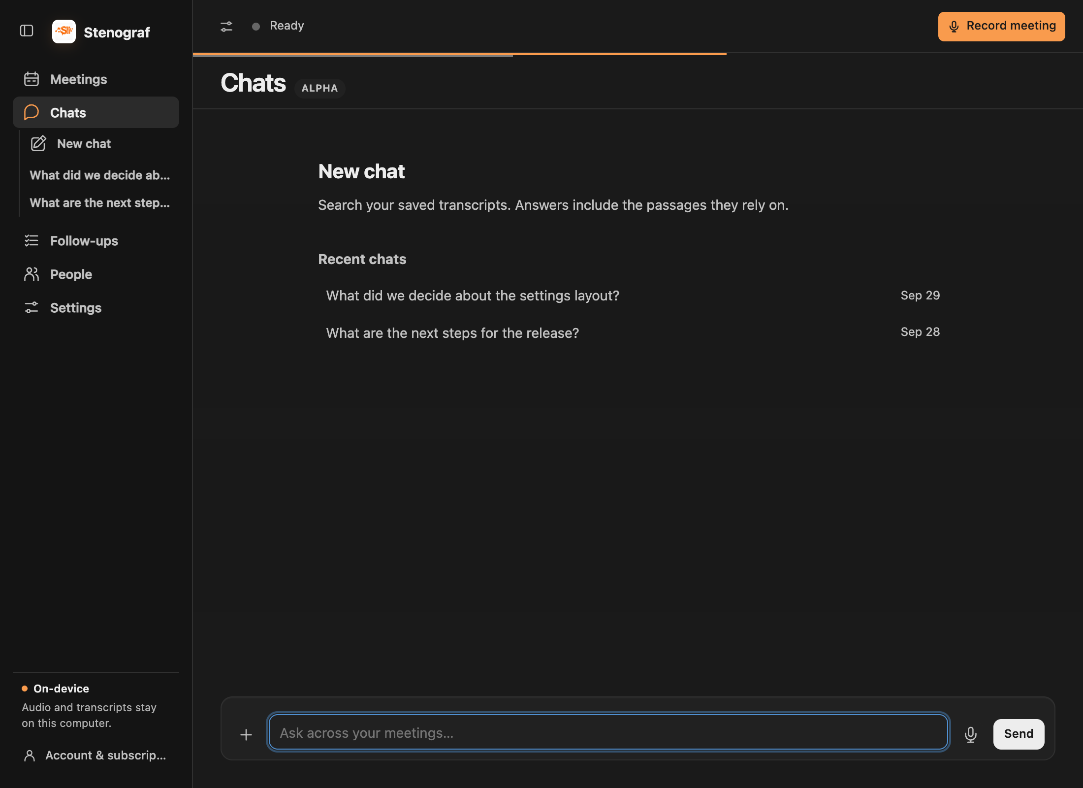 Chats with a new-message composer and recent conversations to resume.