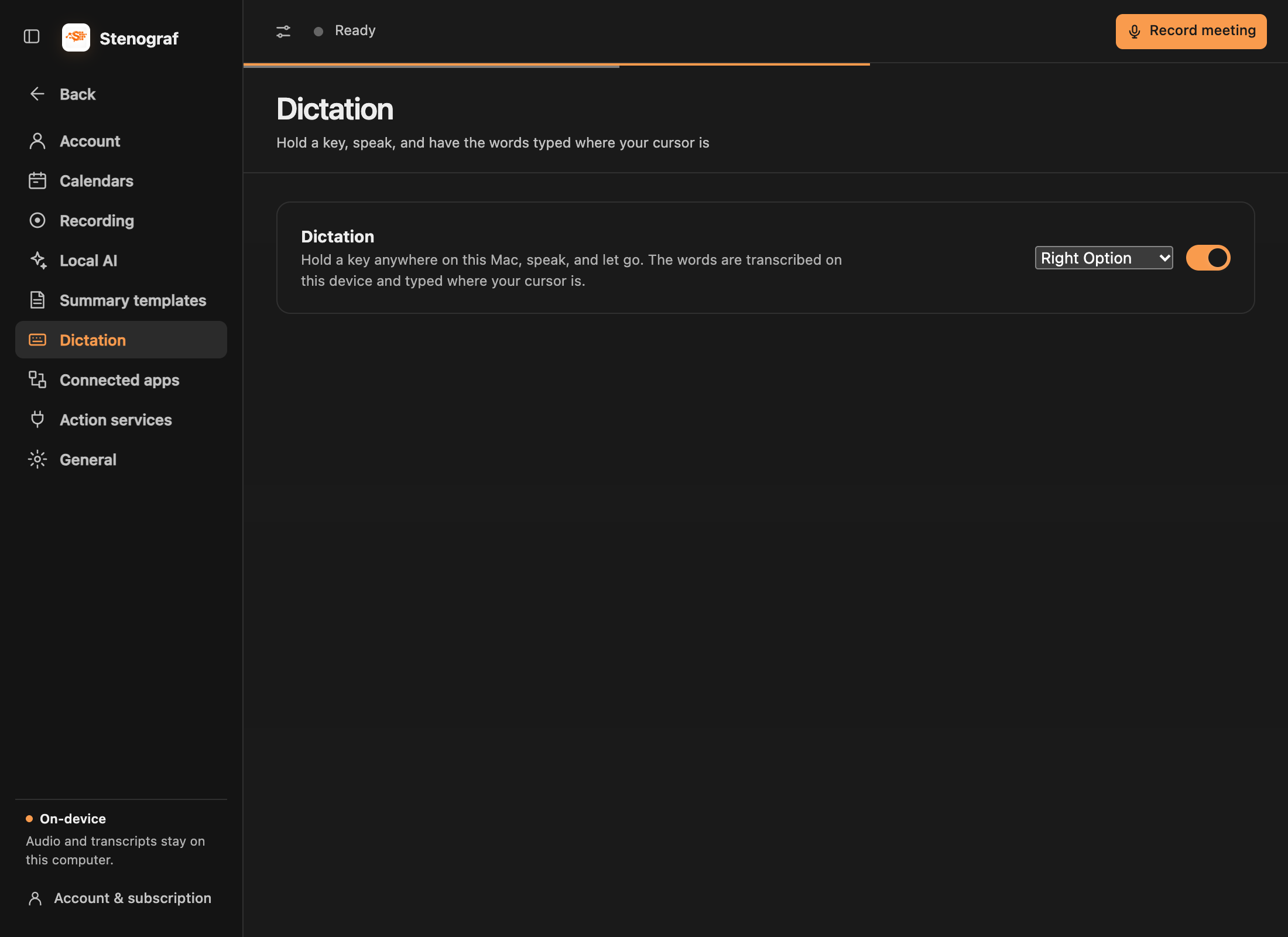 Stenograf Settings with Dictation turned on and Right Option chosen as the key to hold.