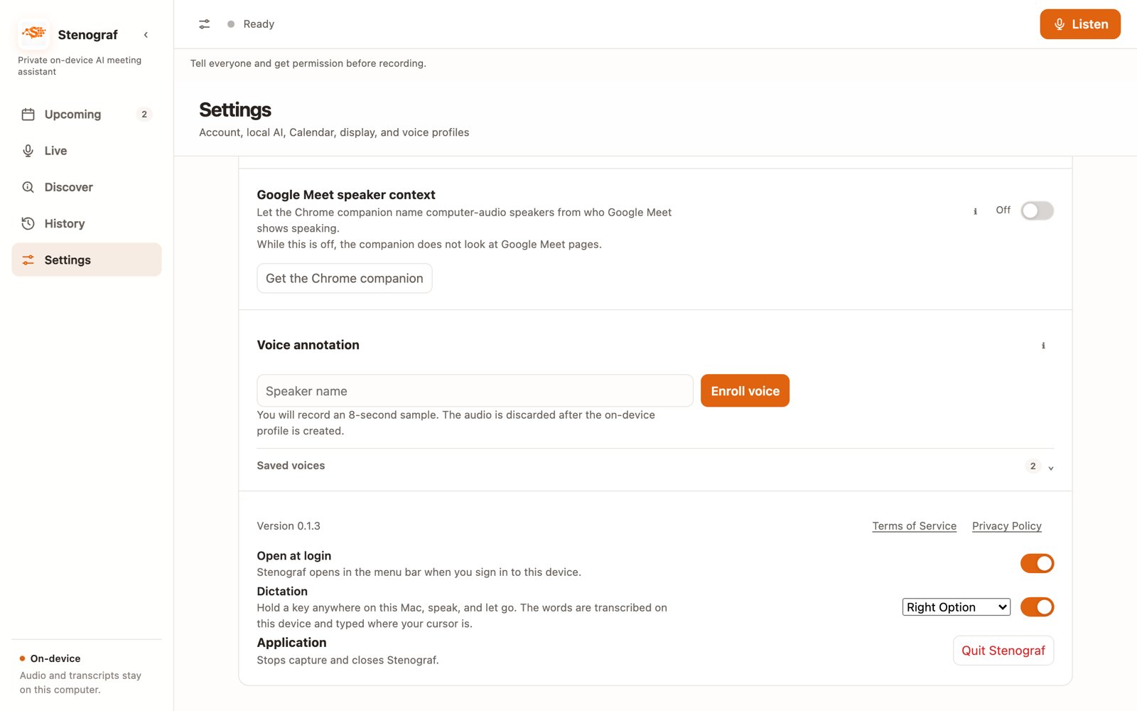 Stenograf Settings with Dictation turned on and Right Option chosen as the key to hold.