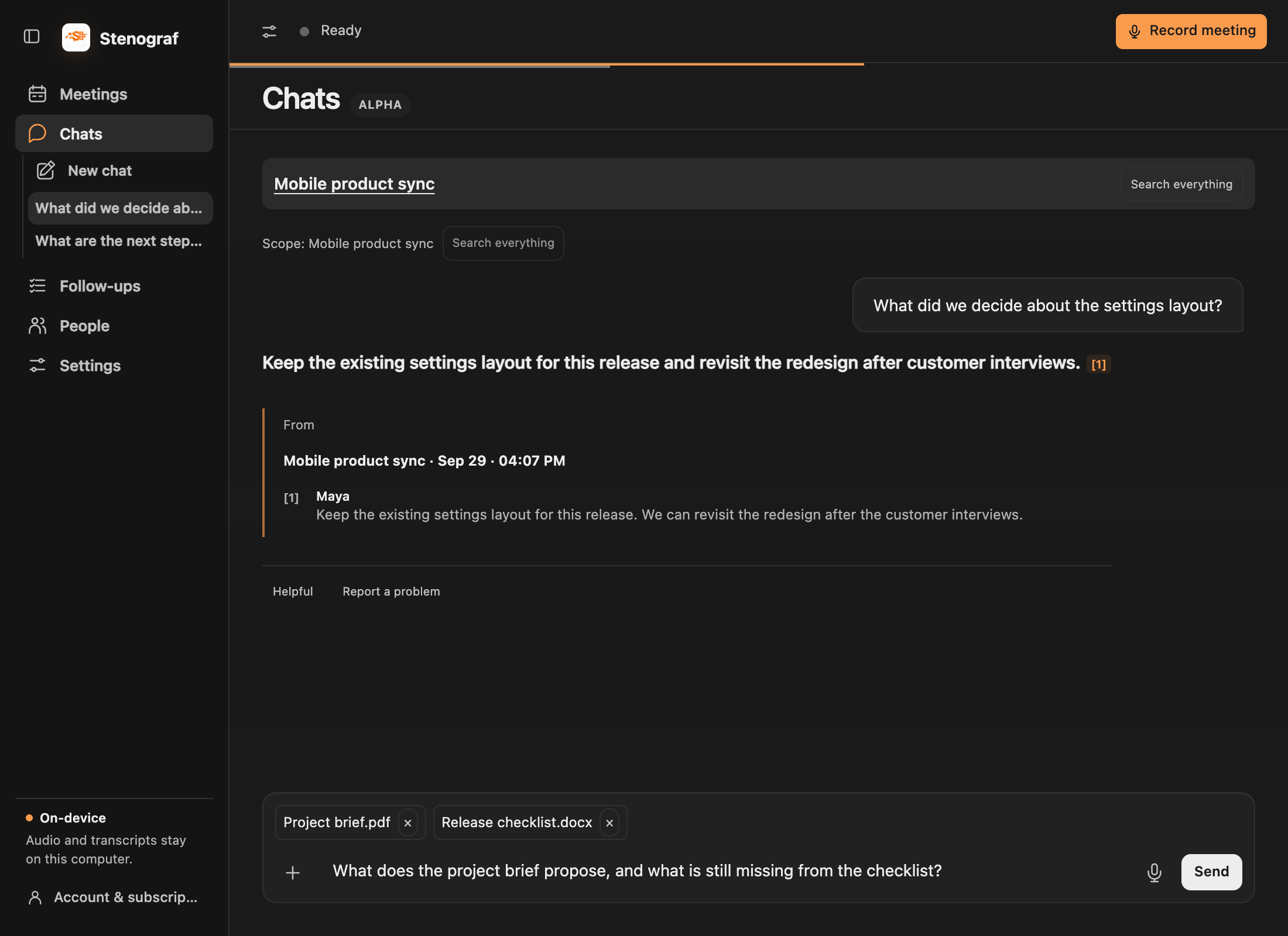 A meeting chat answer with a source reference and the quoted transcript passage.