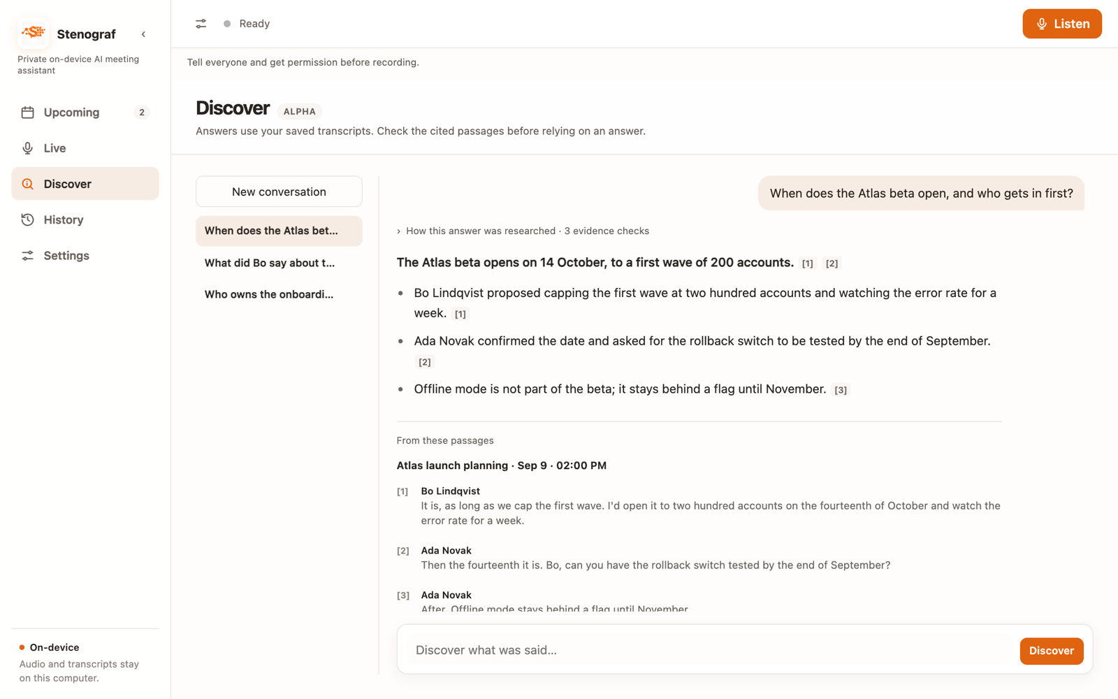 A Discover answer about a product launch date, each line followed by numbered citations, with the quoted passages and their speakers below.