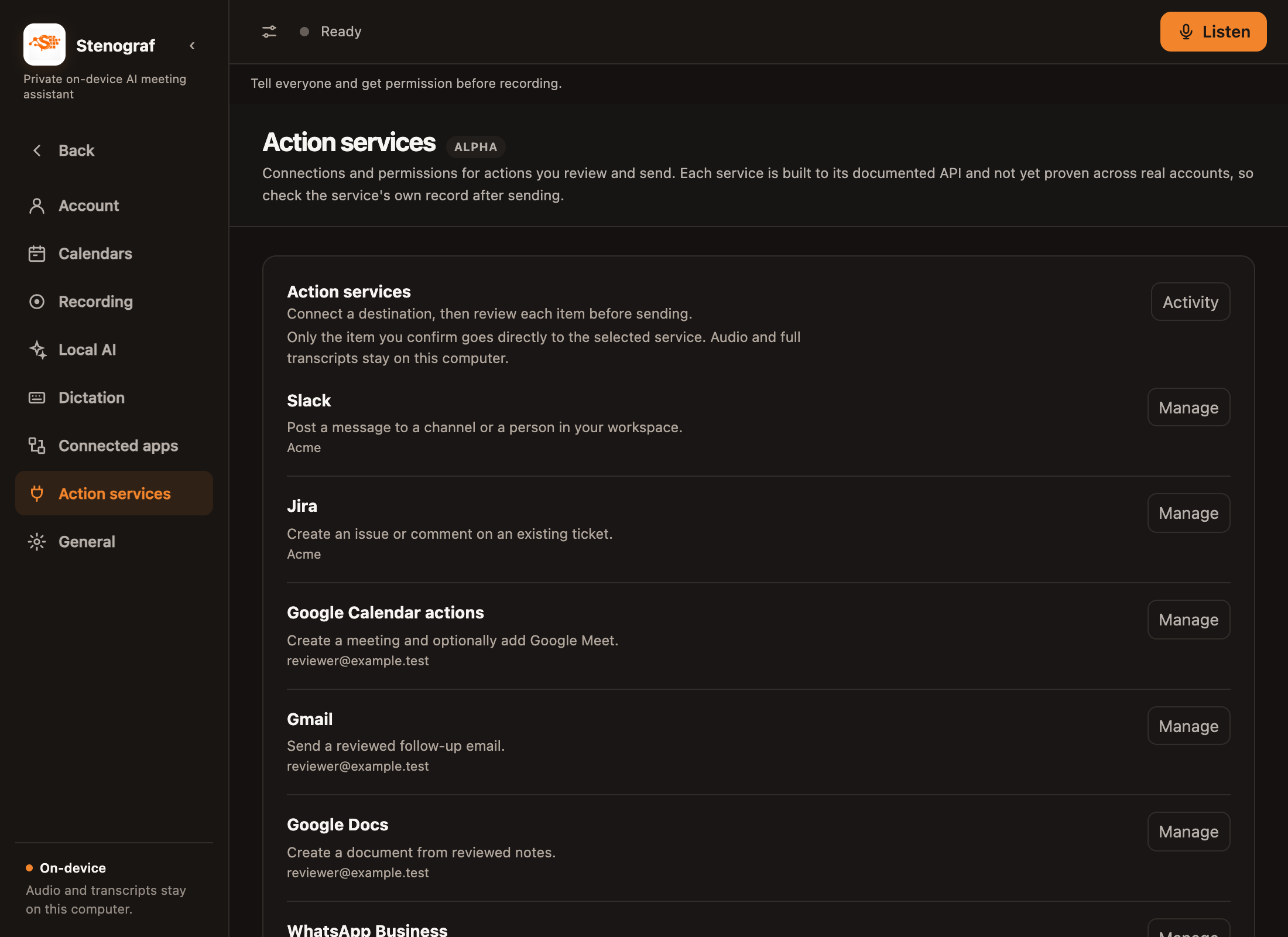 Action services in Settings, with example connected destinations.