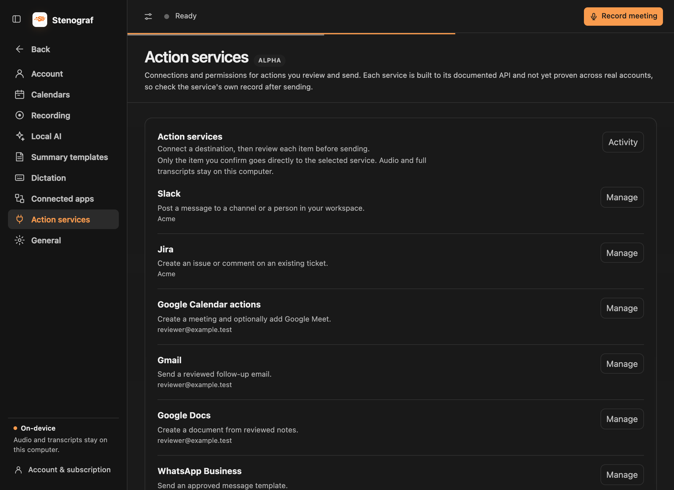 Action services in Settings, with example connected destinations.