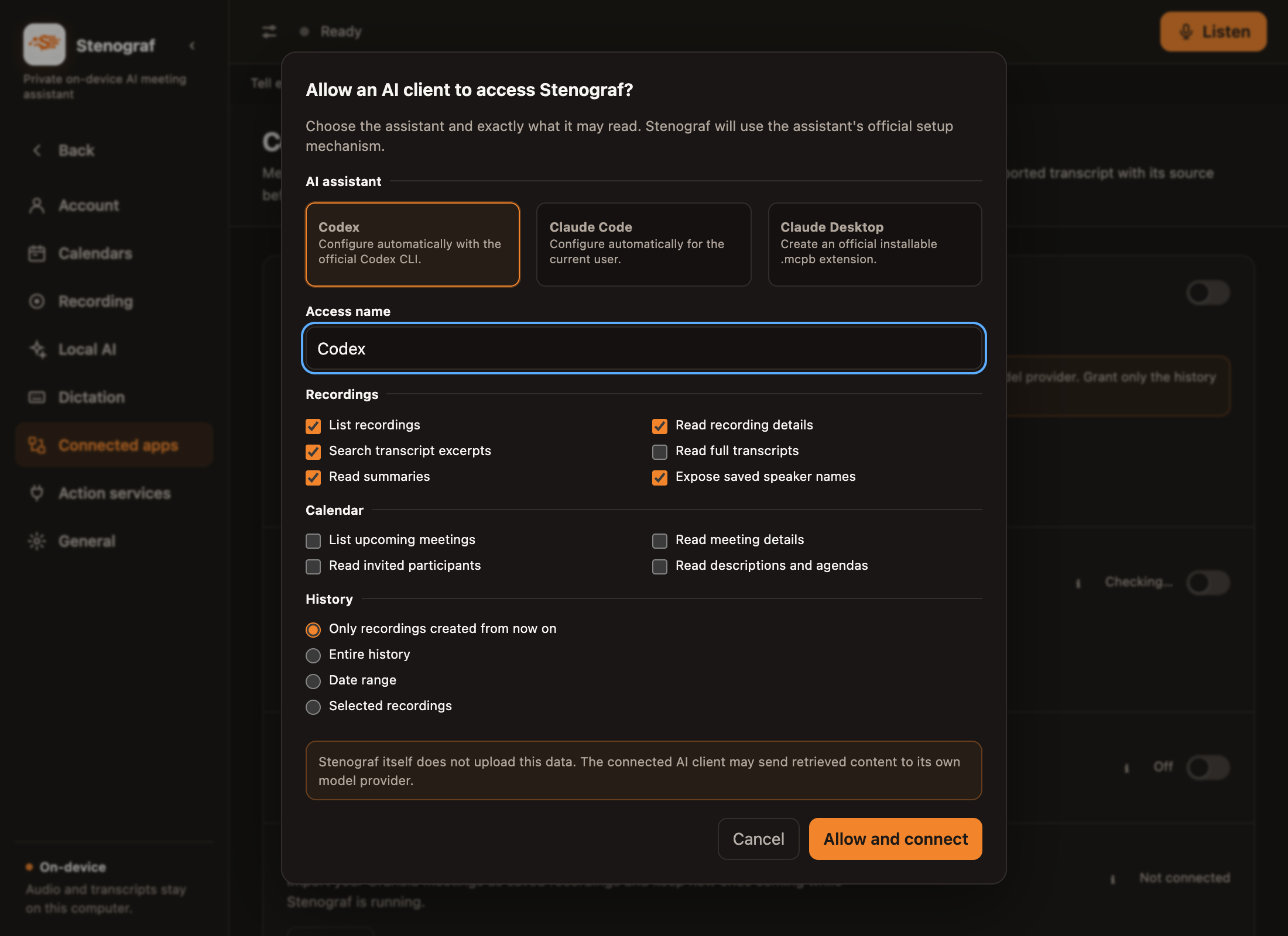 Das Dialogfeld „Einem AI-Client den Zugriff auf Stenograf erlauben: eine Auswahl von Codex, Claude Code oder Claude Desktop, Berechtigungs-Kontrollkästchen und welche Aufzeichnungen der Client ausführen darf lesen.