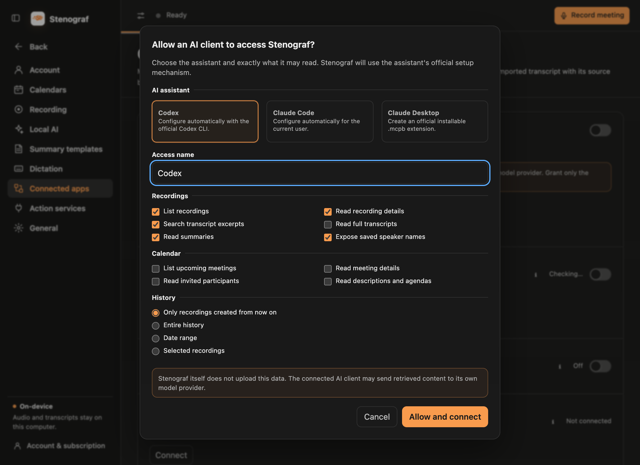 The Allow an AI client to access Stenograf dialog: a choice of Codex, Claude Code or Claude Desktop, permission checkboxes, and which recordings the client may read.