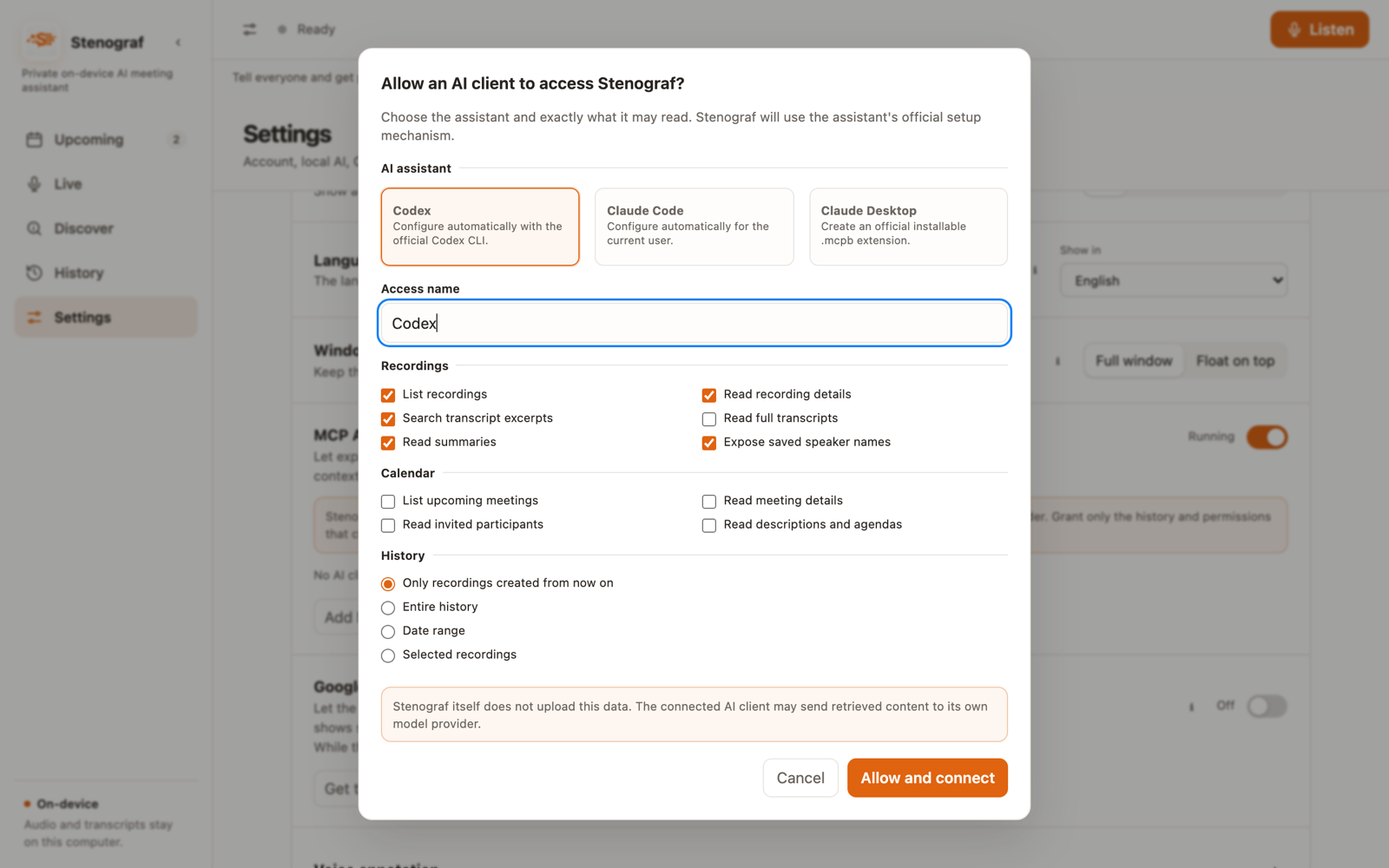 The Allow an AI client to access Stenograf dialog: a choice of Codex, Claude Code or Claude Desktop, permission checkboxes, and which recordings the client may read.