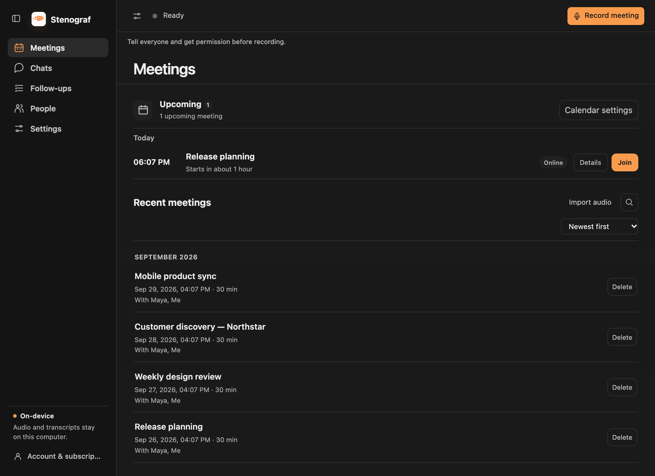 Meetings with upcoming calls, recent recordings, search and an audio import action.