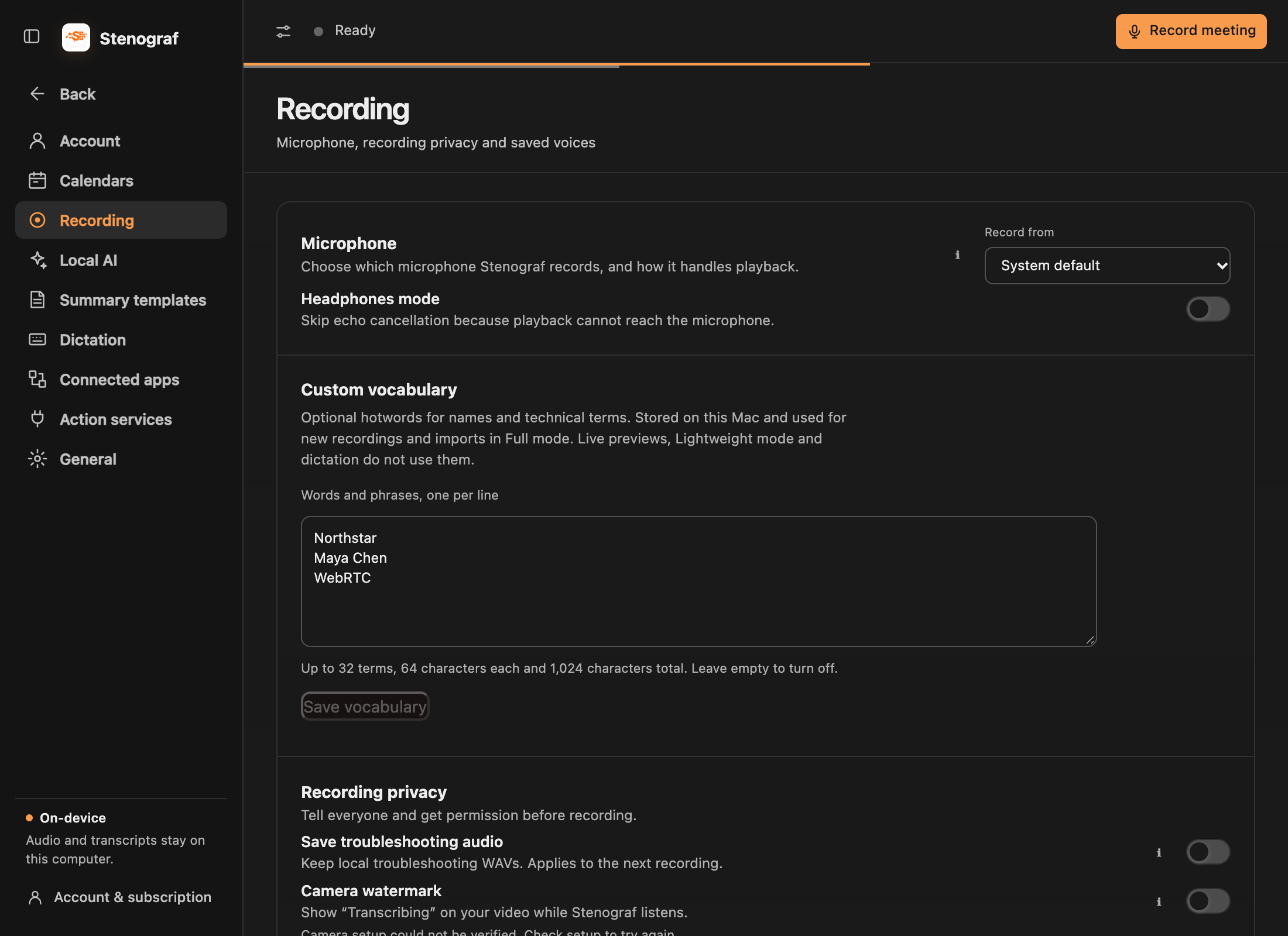 Recording settings with custom vocabulary: example names and technical phrases entered one per line, with Save vocabulary below.
