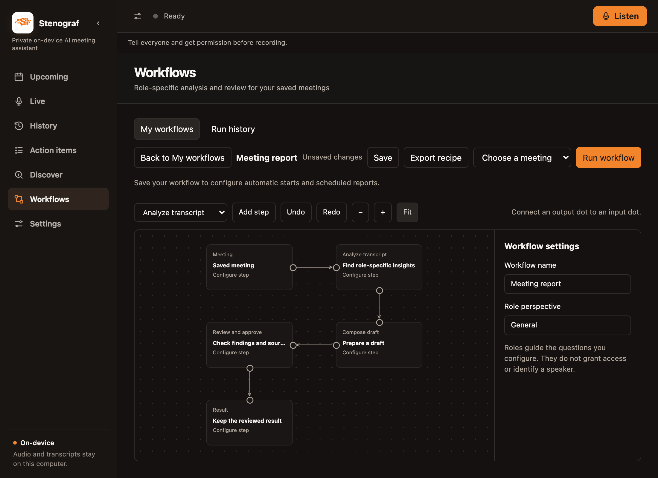 The workflow editor with connected analysis, draft and approval steps.