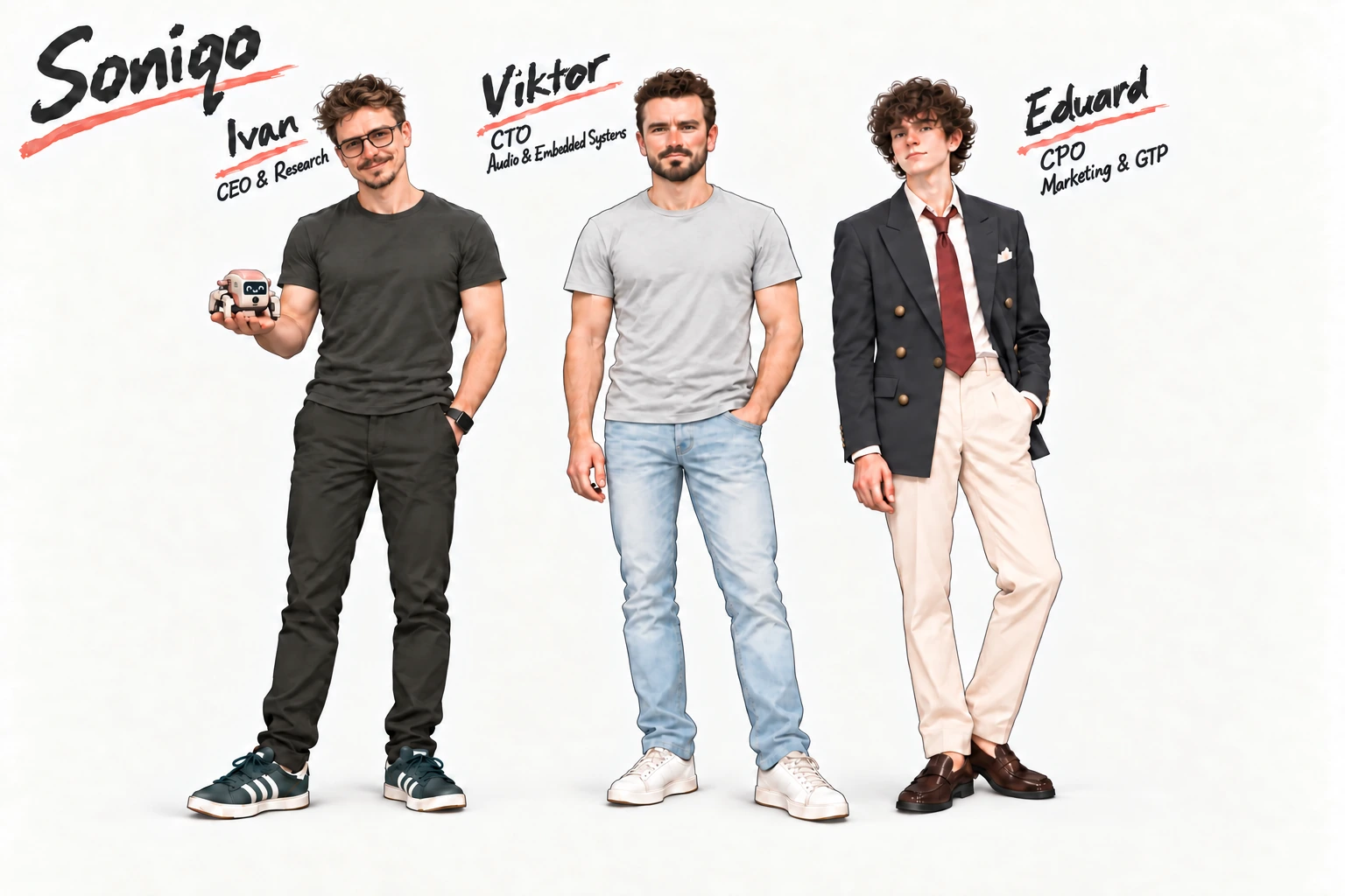 Illustration auf cremefarbenem Hintergrund: Ivan Potapov hält den kleinen Mimi-Roboter in seiner offenen Handfläche, neben Viktor Morozon und Eduard Agababov von Soniqo.